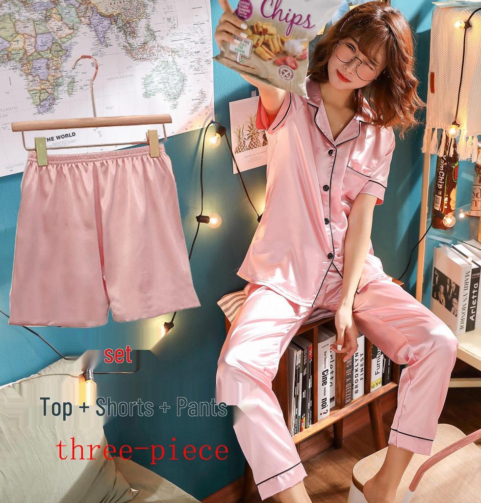 Girls' Imitation Silk Pajama Set - Short Sleeve Top & Long Pants, Lapel Design, Spring/Summer Homewear