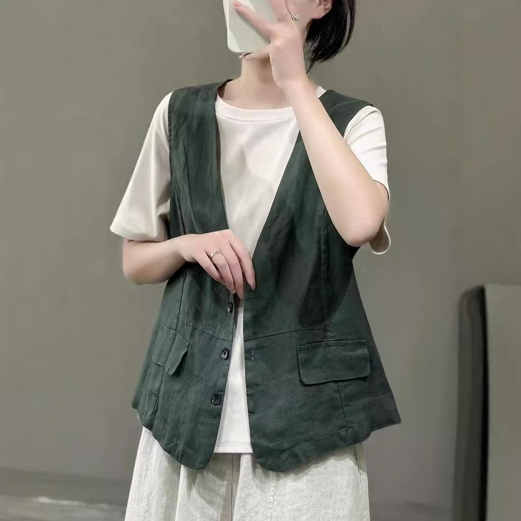 Women Linen Vest Summer Solid Color Sleeveless Waistcoat Single‑Breasted Button Casual Commuter Open Top