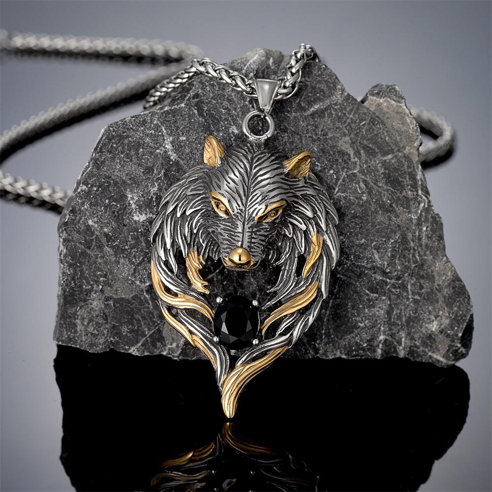 Punk Norse Odins Wolf Necklace Gold Stainless Steel Black Gem Viking Fenrir Pendant Retro Amulet Jewelry for Men