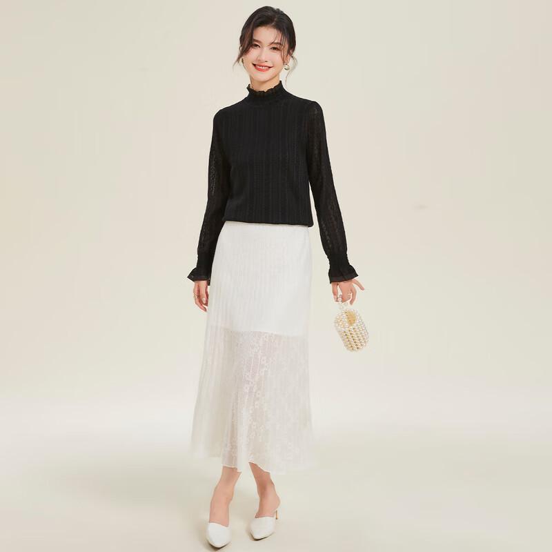 Women's Spring Lace-Trim Knit Sweater with Wool & Silk Blend