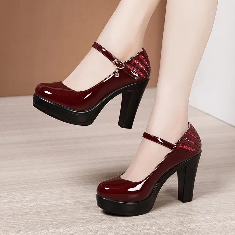 6 8 10cm Small Size 32-43 Shallow Patent Leather Shoes Women Mary Janes 2025 Fall Block Heels Shoes Platform Pumps Office Mom 43 5060₽