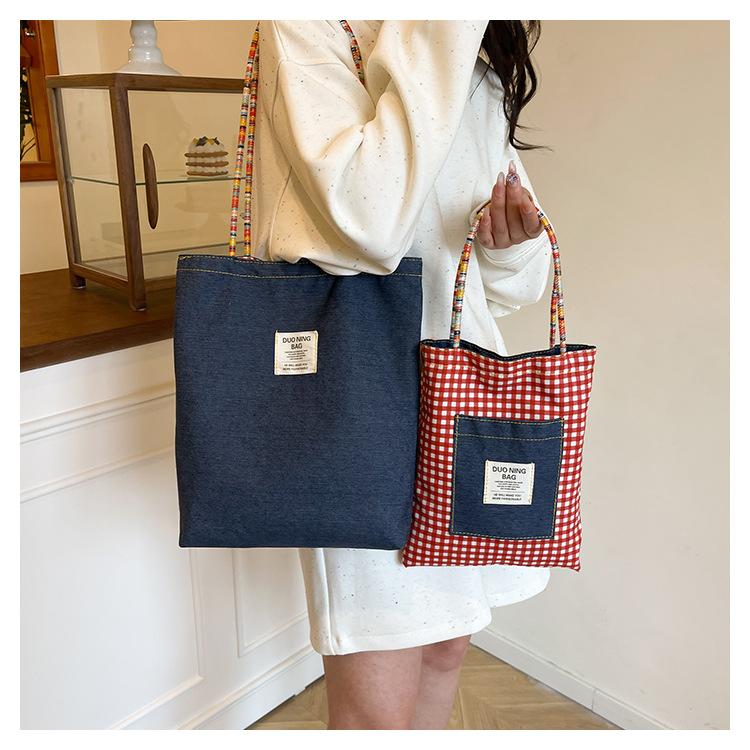 American Style Gingham Checkered Tote Bag Large Capacity Polyester Shoulder Handbag CLE