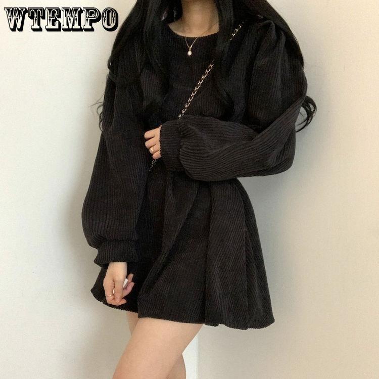 Women Temperament Pure Desire Wind Solid Color Lantern Sleeve A Line Dress Retro Design Sense Niche Long Sleeve Belt Corduroy Dresses