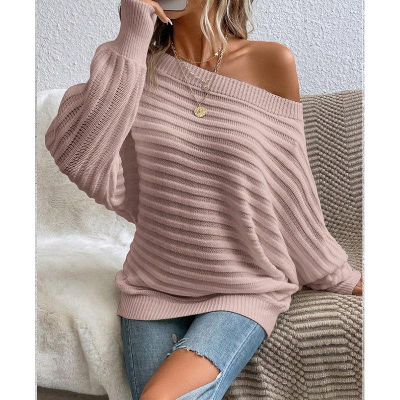 New Women's Solid Color Ribbed Knit Sweater Boat Neck Batwing Sleeves Oversized Pullover Soft Stretchable Casual Loose Top