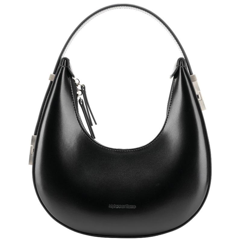 Cowhide Crescent Bag Women'S Versatile Commuter Underarm Bag Strict Black Crescent Tote Bag Premium Leather Shoulder Bag