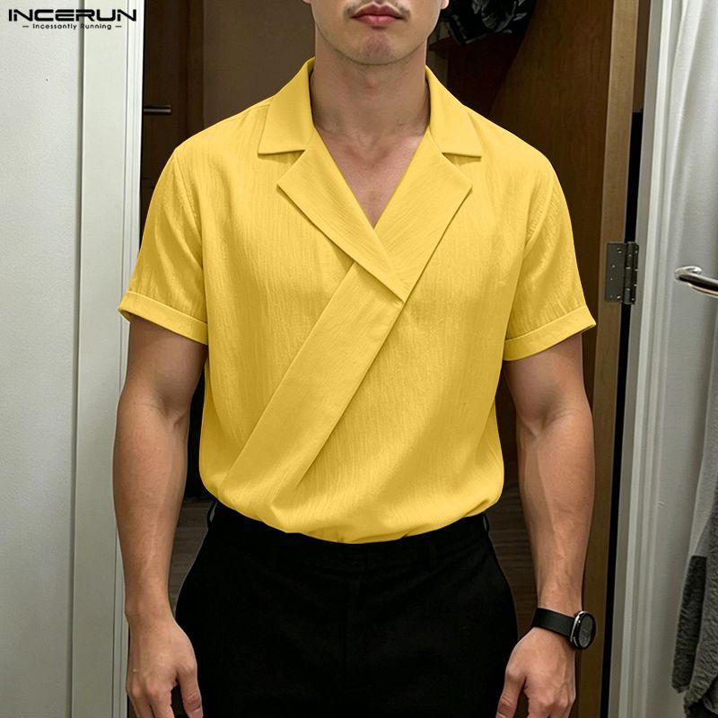 INCERUN Summer Tops Men V Neck Short Sleeve Casual Texture T-shirts