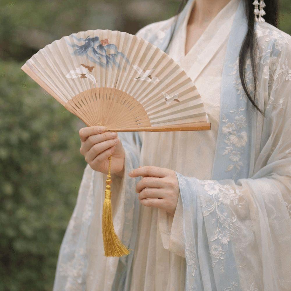 Crane Pattern Bamboo Folding Fan Traditional Double Side Fan  Hanfu Matching