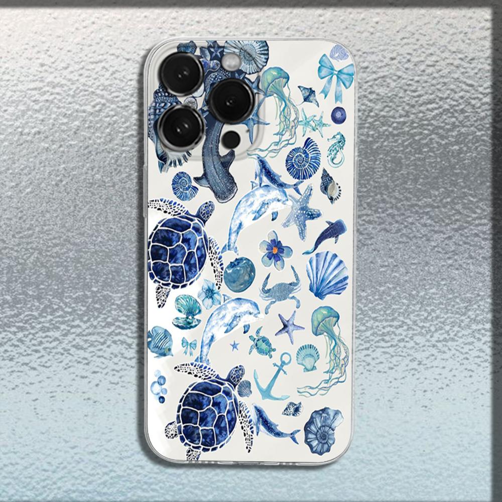 Marine Life Sea Turtle Art Phone Case For iPhone 16,15,14,13,12,11 Plus,Pro,Max,XR,XS,X,Plus,SE,Mini Transparent Soft Cover