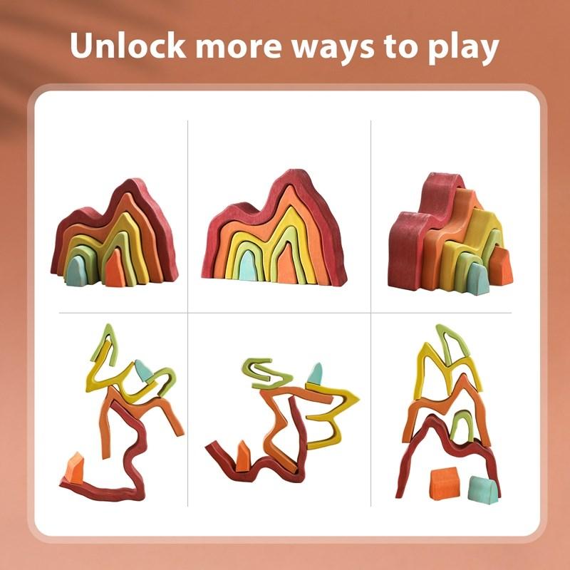 Montessori Irregular Blocks Stacking Balance Toy for Children Wooden Rainbow Blocks Education Learning Mountain Simulation Toy