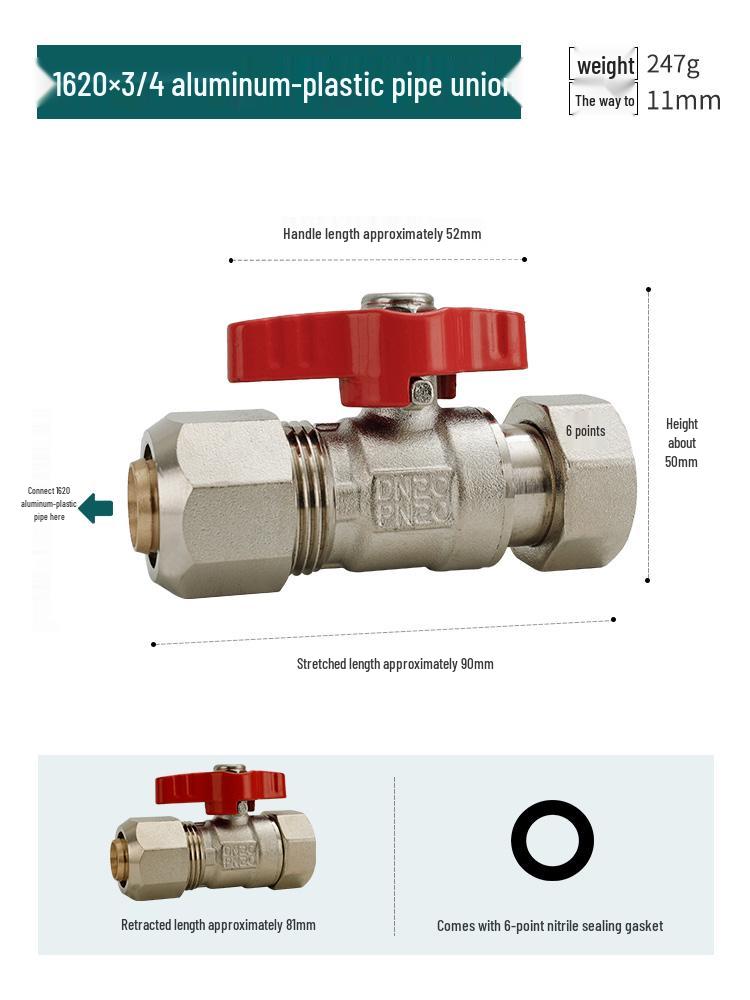 All-Copper Aluminum-Plastic Pipe Compression Ball Valve for Underfloor Heating - Internal Thread, Solar 1216/1620/2025