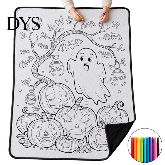 Útulná deka na pohovku s fixami Halloween DIY omalovánka 24 fixů, Obarvěte si vlastní přehoz DIY pro dospělé, Vzory duchů a dýní, Omyvatelná