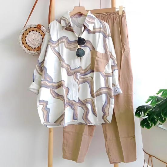 Conjunto de Dos Piezas a Rayas para Mujer Camisa Blusa de Manga Larga con Solapa y Botones y Pantalón Traje Deportivo Casual de Verano