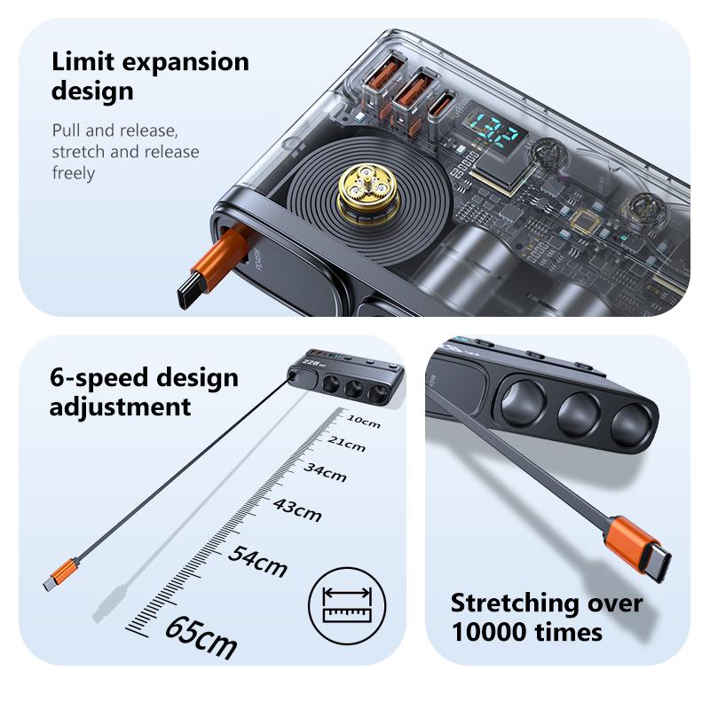 SEAMETAL 9 IN 1 228W USB C Car Charger Adapter QC3.0 With PD45W Telescopic Cable LED Voltage Display 12V/24V