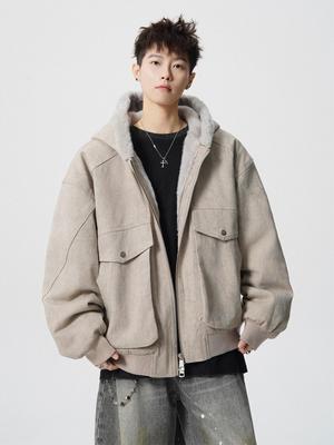 Zuo Shan Diao Men's Hooded Cotton Jacket - Trendy, Versatile, Plus Velvet, Thick & Warm Workwear