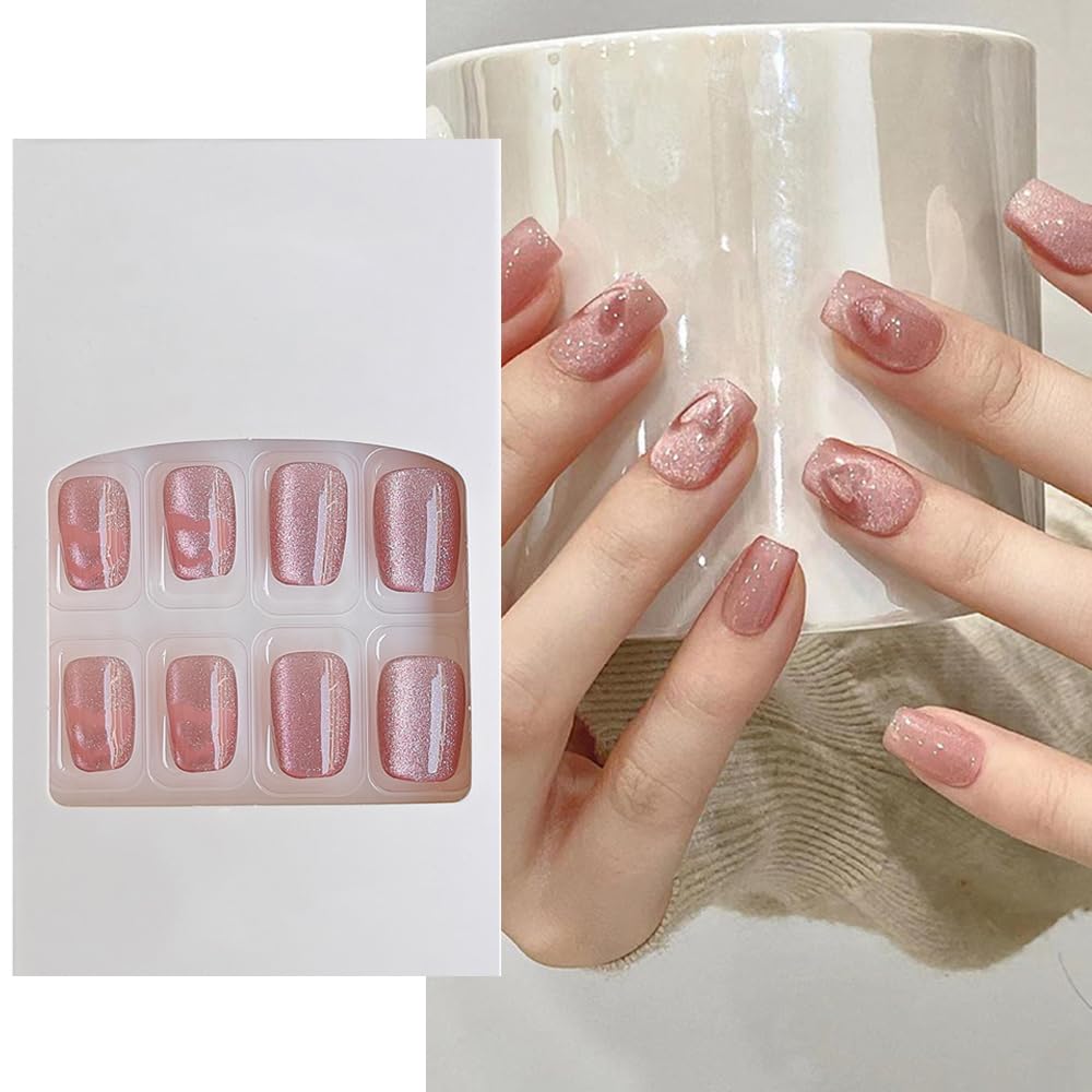 S.A.V.I 24 Pcs Nude Pink Cat Eye Fake Nails, Short Square Shape with Heart Design, Natural-Look Press-On Nail Kit for Women & Girls, DIY Manicure S