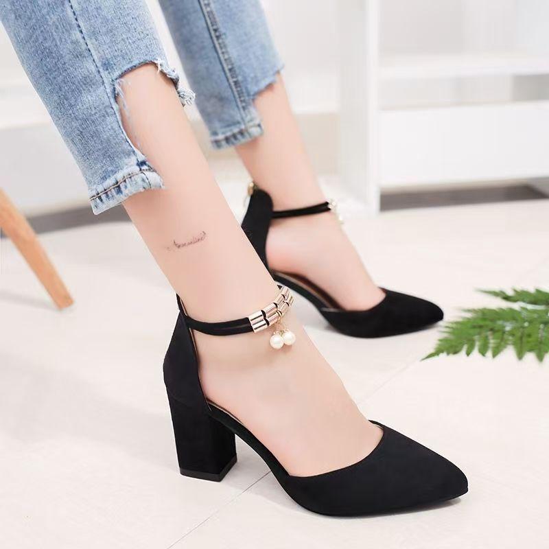 2025 spring new fashion high heels women's shoes versatile thick heel shoes pointed student bag head women's sandals