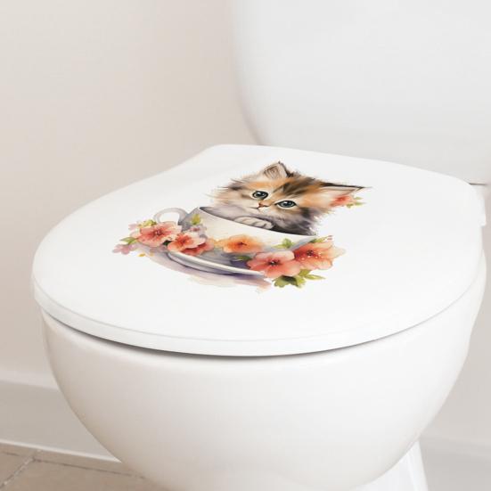 Adesivo per WC con fiore di gatto tazza da tè, rimovibile, autoadesivo, impermeabile, in PVC, per soggiorno, arte della parete, bagno, coperchio del WC, decorazione