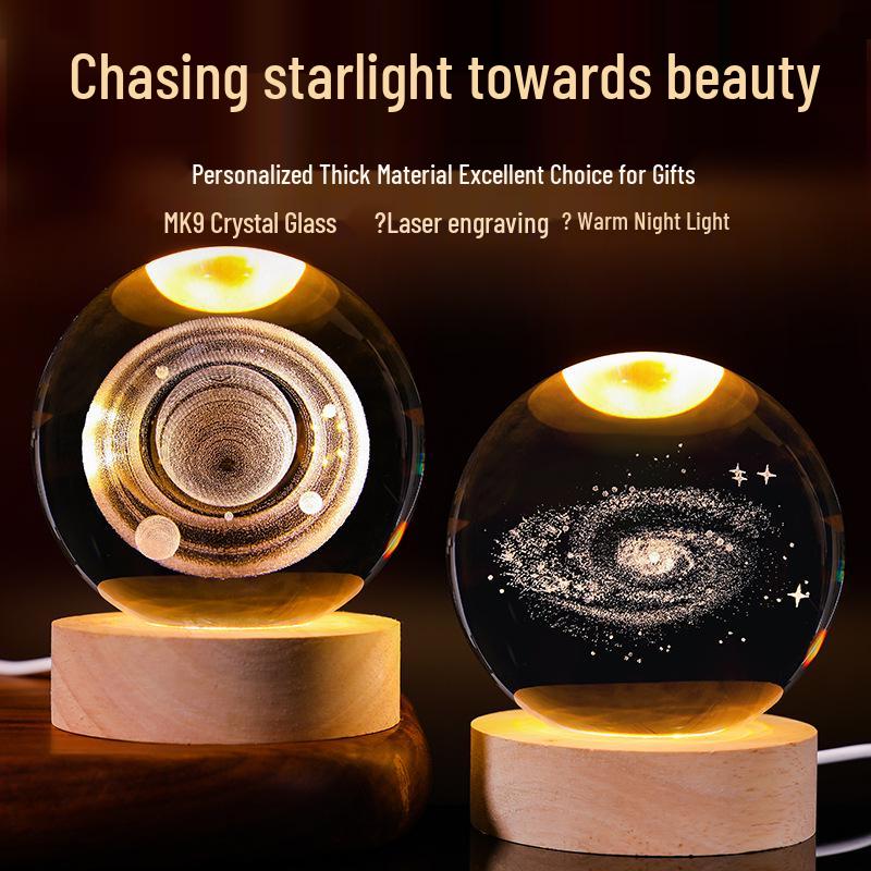 3D Starry Sky Crystal Ball Night Light with Solid Wood Base - Luminous Desktop Ornament & Birthday Gift