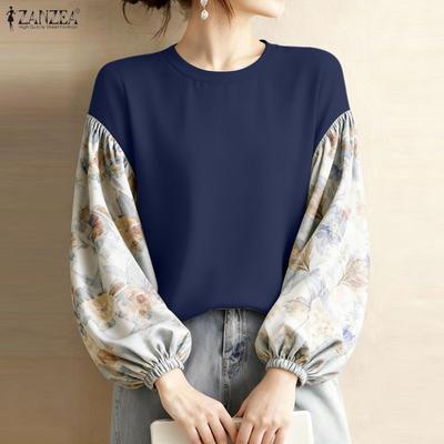 Women Casual Round Neck Print Splice Long Sleeve Loose Blouse