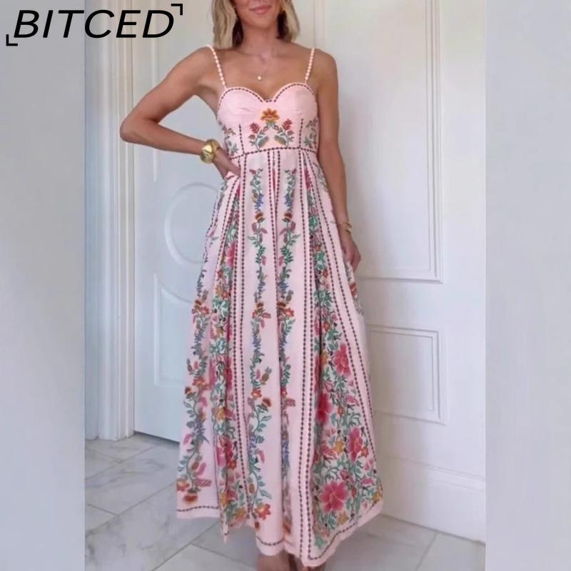 BITCED Women's Sexy Beaded Spaghetti Strap Positioned Print Resort Dress