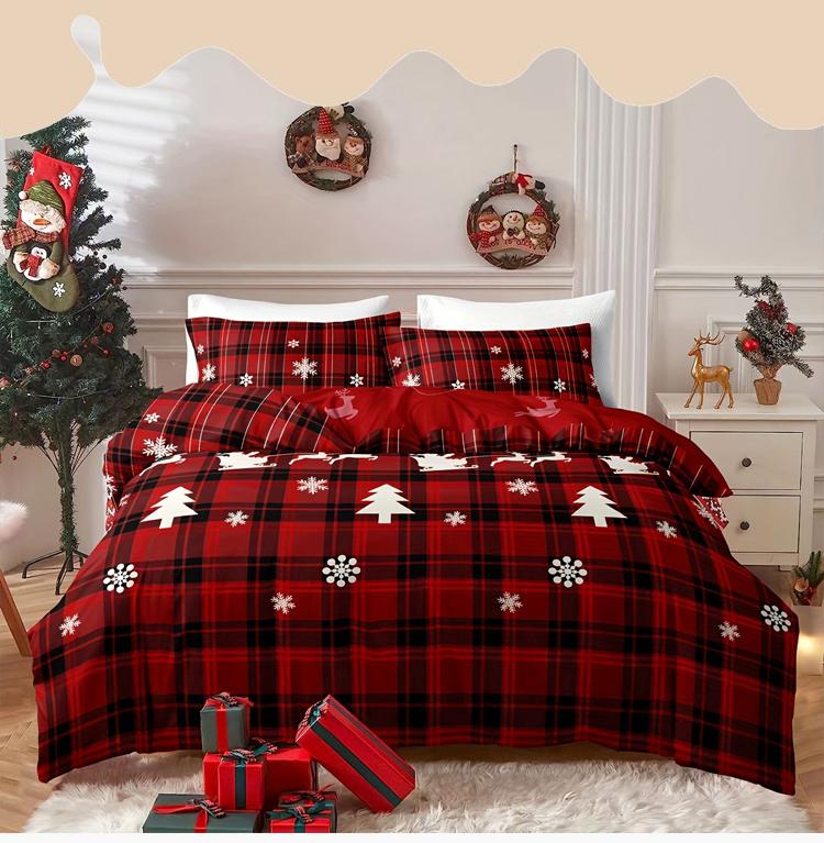 3-Piece Christmas-Themed Duvet Cover Set - Soft Breathable and Hypoallergenic Fabric - Checkered Elk Snowflake Print Design P