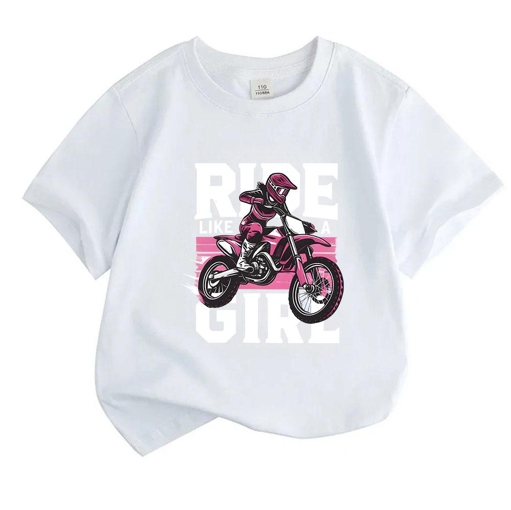 Kids Boys Girls 100% Cotton Crew Neck Short Sleeve T-Shirt, Cool Motocross Rider Ride Like A Girl Graphic Casual Tees For Youth Daily Outdoor Playwear