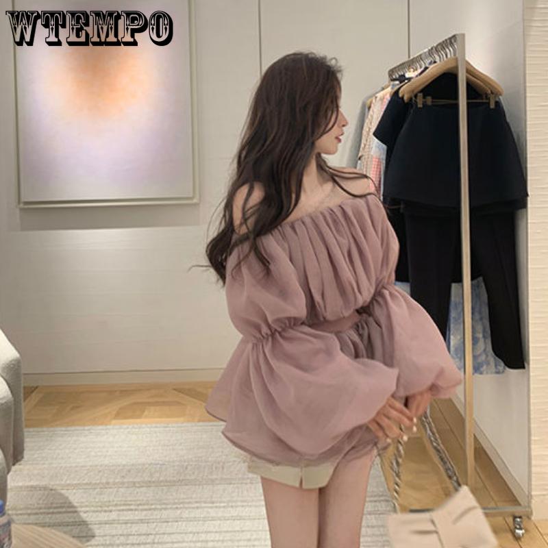 WTEMPO Off Shoulder Sexy Chic Sweet Crop Top Damen Sommermode Casual Lange Rüschenärmel Lose Fee Kawaii T-Shirt
