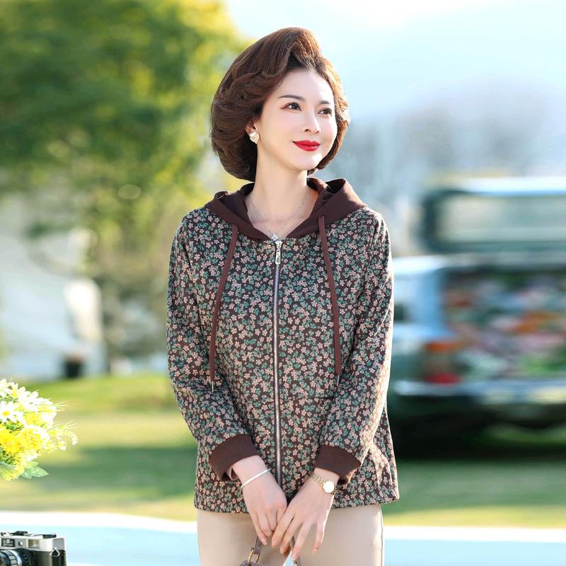 Elegant Print Hooded Jacket for Middle-Aged Women - Slimming, Fashionable Spring/Autumn Sweatshirt 2XL зелёный