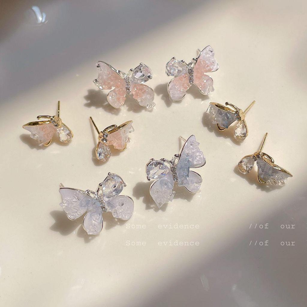 Summer Peach & Mist Blue Crystal Butterfly Earrings - Elegant Silver Needle Design for Women