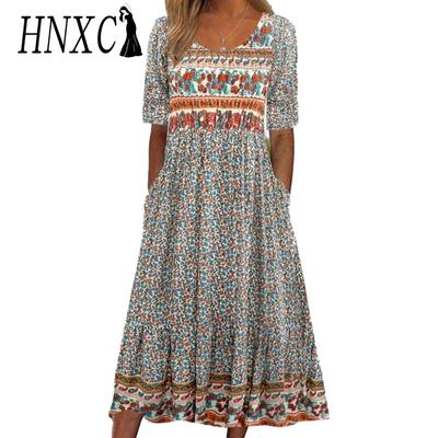HNXC Robe décontractée à manches courtes et col en V pour femme - Mode été printemps
