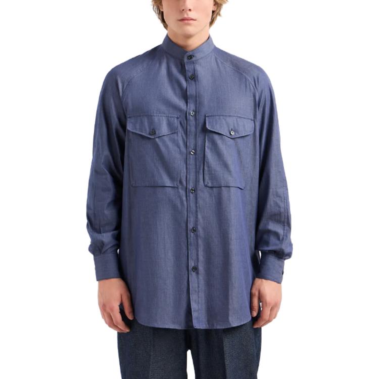 Emporio Armani Solid Color Chest Pocket Single-Breasted Long Sleeve Shirt Men Shirts Blue 3D1CP1-1DAAZ-10941