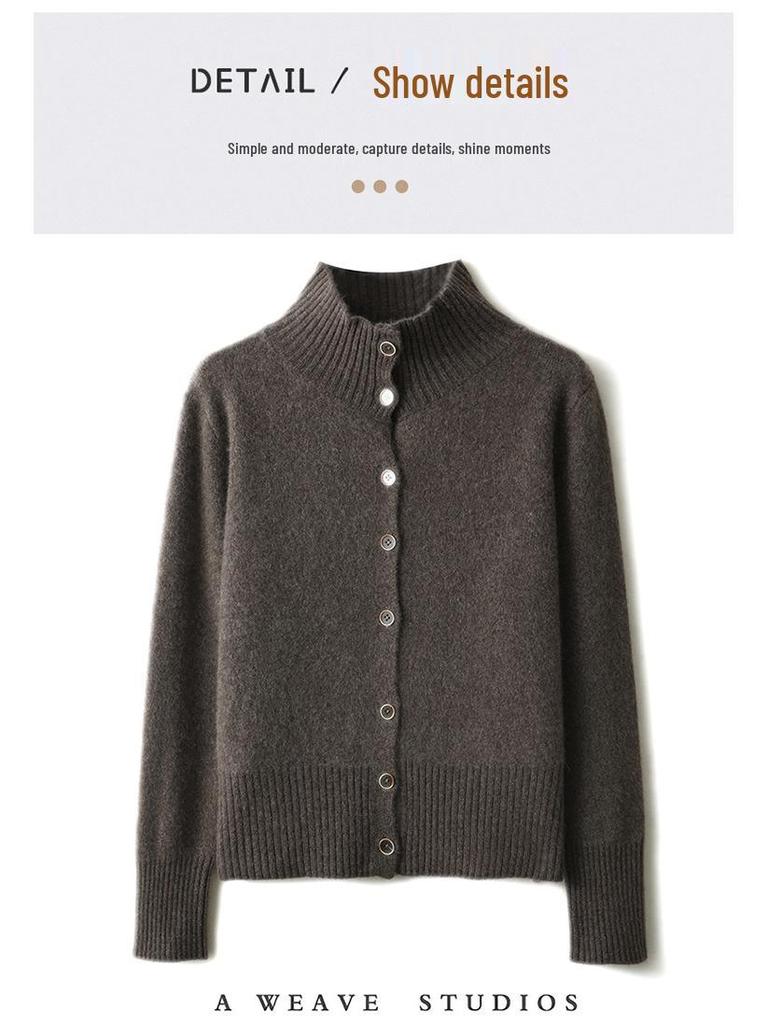 Sieben-Nadel Stehkragen Kaschmir-Cardigan: Warmer, schlichter einfarbiger, vielseitiger, altersreduzierender Strickpullover.