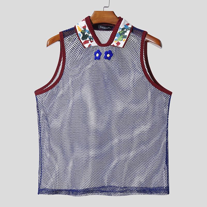 

INCERUN Men Sleeveless Mesh See Through Stitching Flowers Embroidery Tank Tops 3XL синий