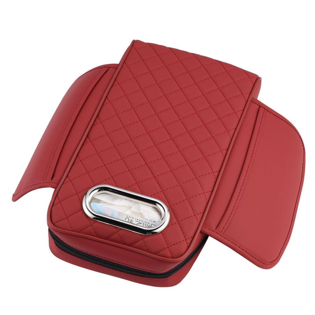 Nappa Leather Diamond-Stitched Car Armrest Cushion with Tissue Storage