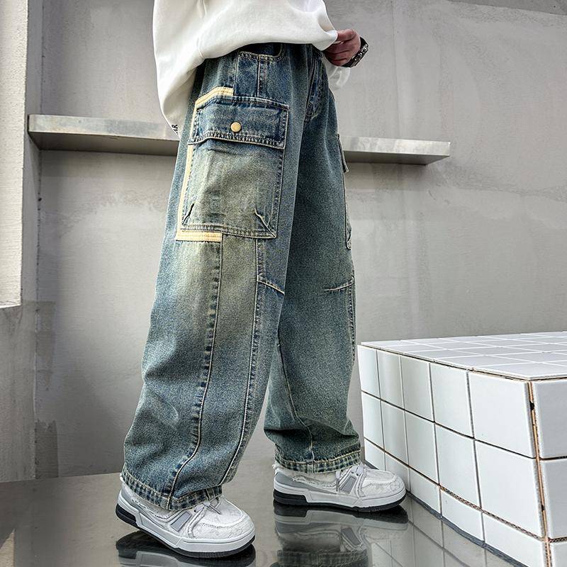 Jeans Cargo a Gamba Dritta Rilassati per Ragazzi Adolescenti Pantaloni in Denim Larghi con Tasche Pantaloni Casual per Bambini