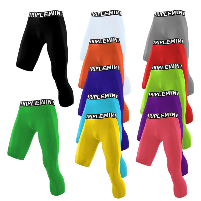 Men Base Layer Running Tight Sports Cropped One Leg Leggings Basketball Football Soccer Fitness Exercise 3/4 Pants S M L XL 2XL