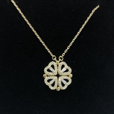Collier - Plein Diamant - Coeur À Coeur - Trèfle À Quatre Feuilles - Métal - Femme