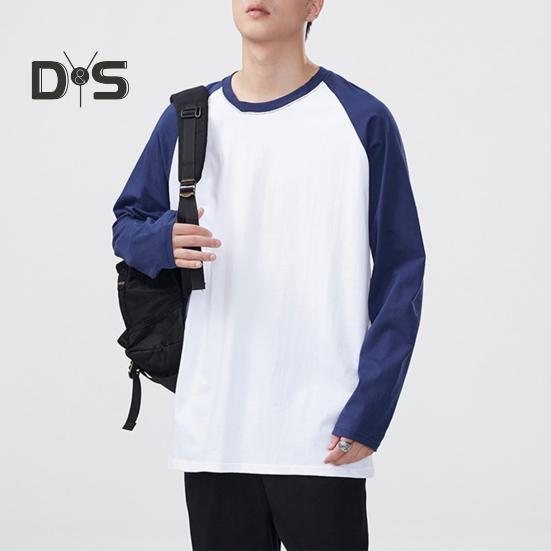 Men Spring Autumn T-shirt Color Matching Loose Round Neck Long Sleeves Pullover Top Casual School Sport Clothes