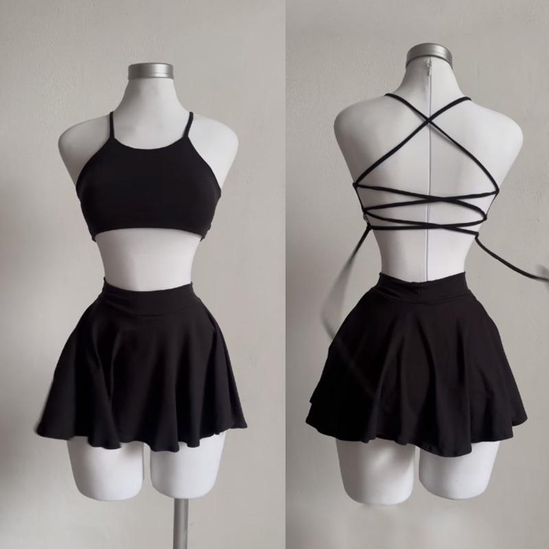 Summer Elegant Suspender Crop Tops Short Skirts 2 Two Piece Set Sleeveless Fashion Casual Sexy Backless Bandage Black Skirt Simple Clothing