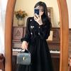 V-Neck Floral Embroidered Retro Black Dress - Spring/Autumn, Loose Fit, Large Size, Elegant Waist Design