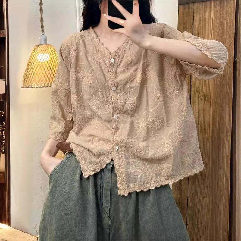 Damen Baumwollhemden Sommer Mori Girl Stil Stickerei Locker V-Ausschnitt Kragen Einreihig Oberteile Wild