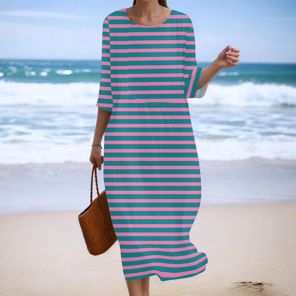 Women's Fashionable Printed Round Neck Seven Quarter Sleeve Loose Dress