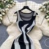 Summer Women Sleeveless Striped Knitted Sweater Office Work Slim Bodycon Split Dresses