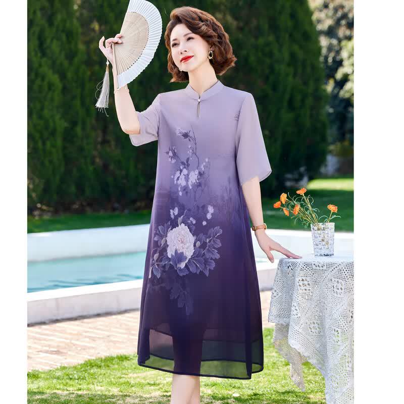 Women's Elegant Chinese Style Floral Midi Dress