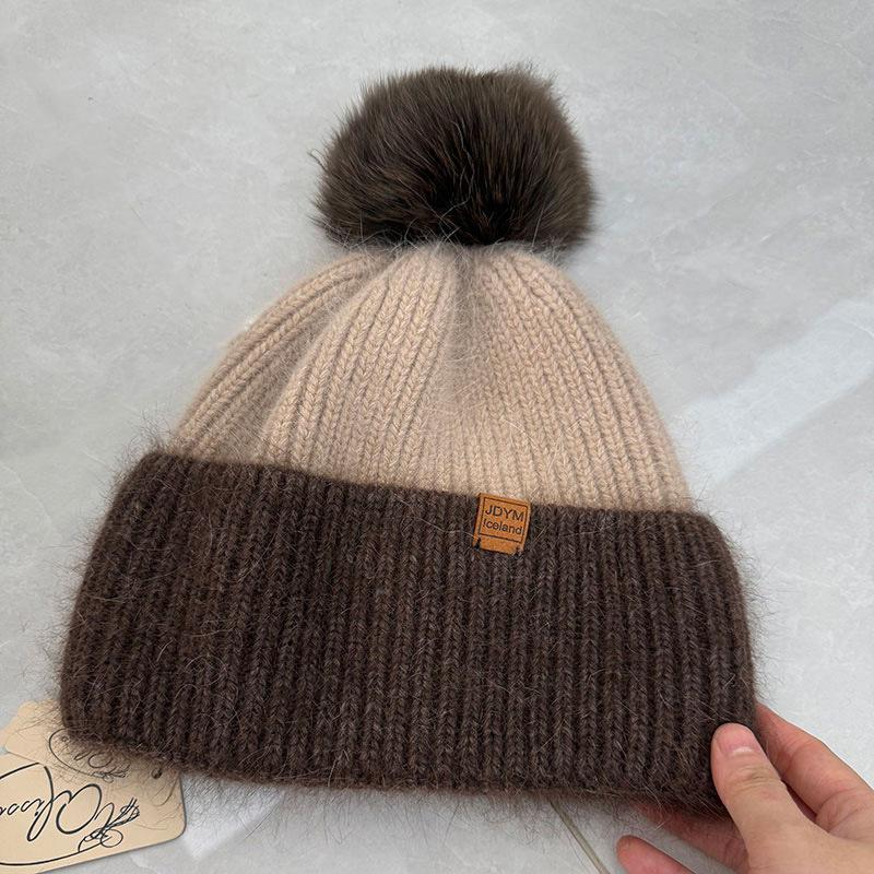 Double-layer rabbit plush knitted hat women's autumn and winter double-layer warm color matching versatile pile hat fox hairball hat