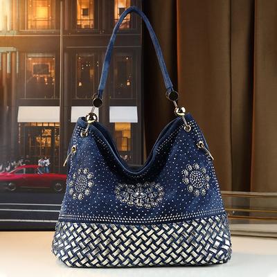 European and American Fashion Retro Fashion Diamond Studded Tote Bag Large Capacity Denim Hot Stamping Casual Shoulder Crossbody Bag