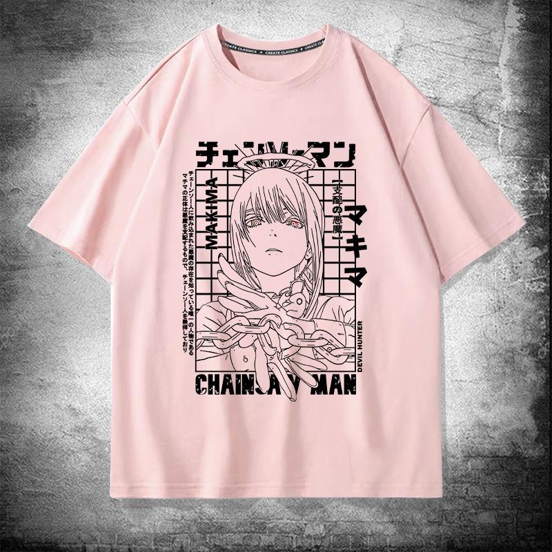 Japanese anime chainsaw man Makima pure cotton short-sleeved men's T-shirt Summer trend brand loose off-the-shoulder half-sleeve