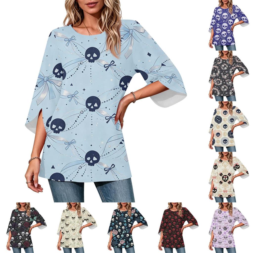 Women's Halloween Printed Casual Loose Fit Round Neck Three-Quarter Sleeve Top