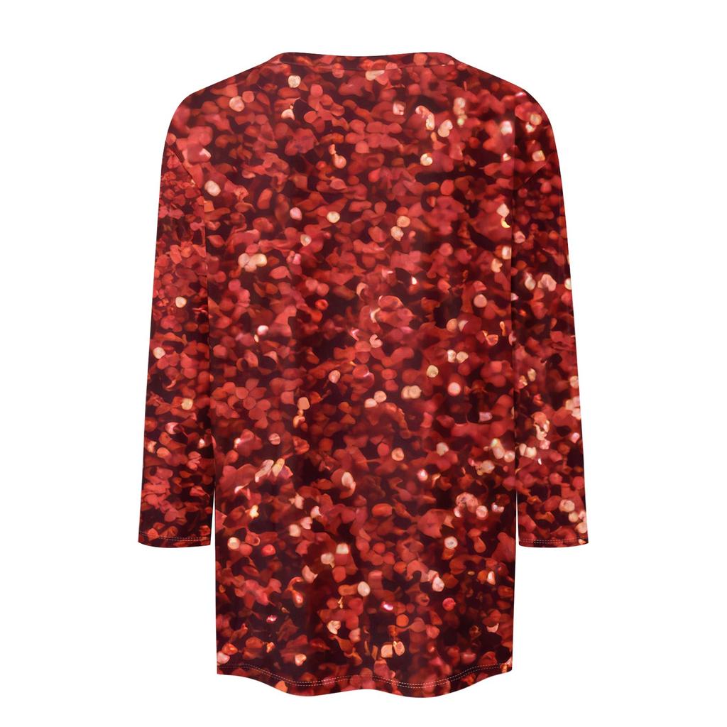 Women's Fashion Casual Three-quarter Sleeve Sequin Printed Round Neck Top