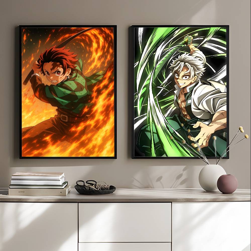 Japanese Anime Demon Slayer Self-adhesive Art Poster Retro Kraft Paper Sticker DIY Room Bar Cafe Stickers Wall Painting